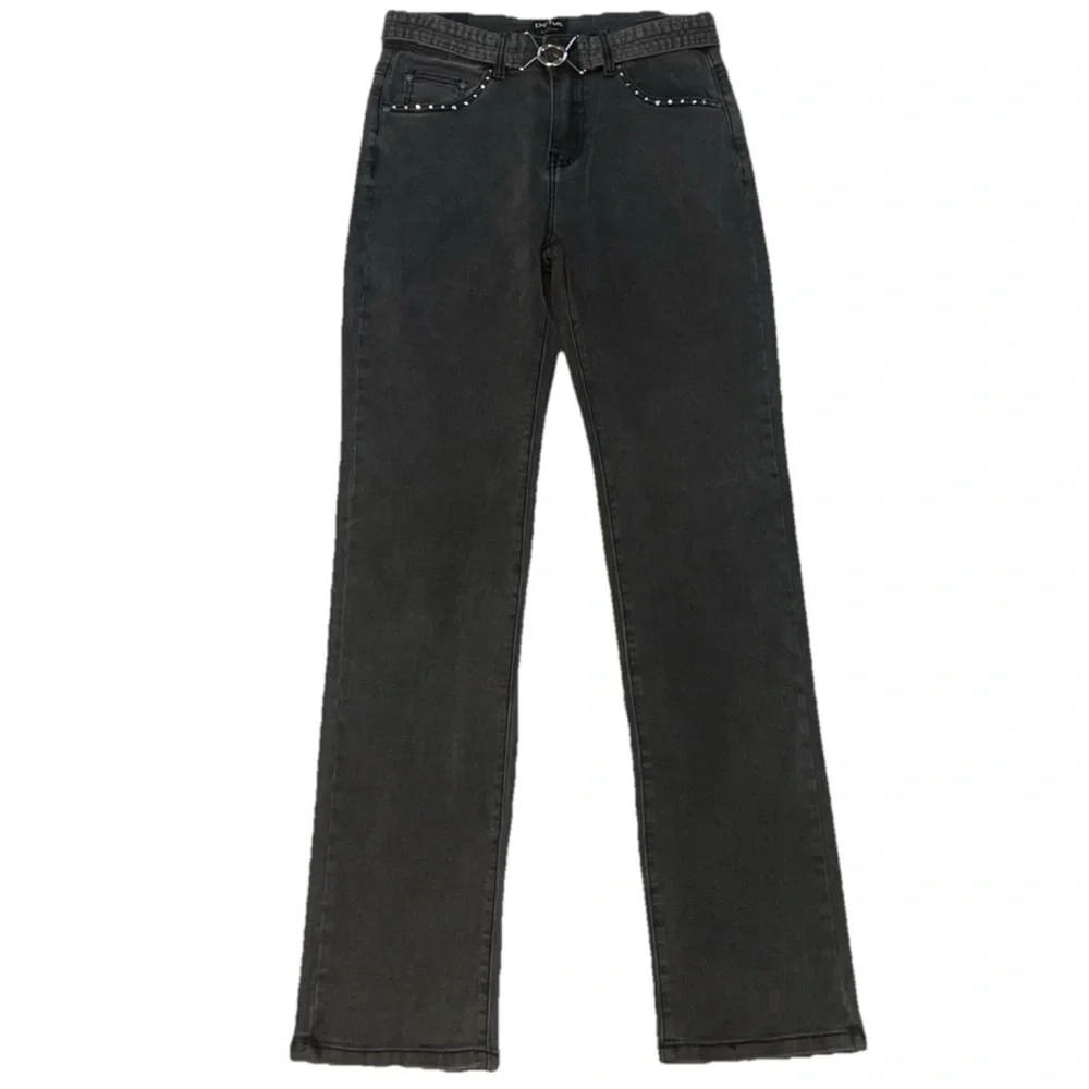 NWT Bebe Charcoal Straight Leg High Rise Rhinestone Accent Jeans Stretchy Gray